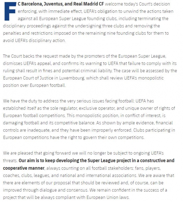 Statement van de Super League clubs over uitspraak van de rechter op 30 juli