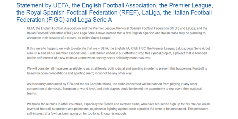 Statement UEFA over de Super League